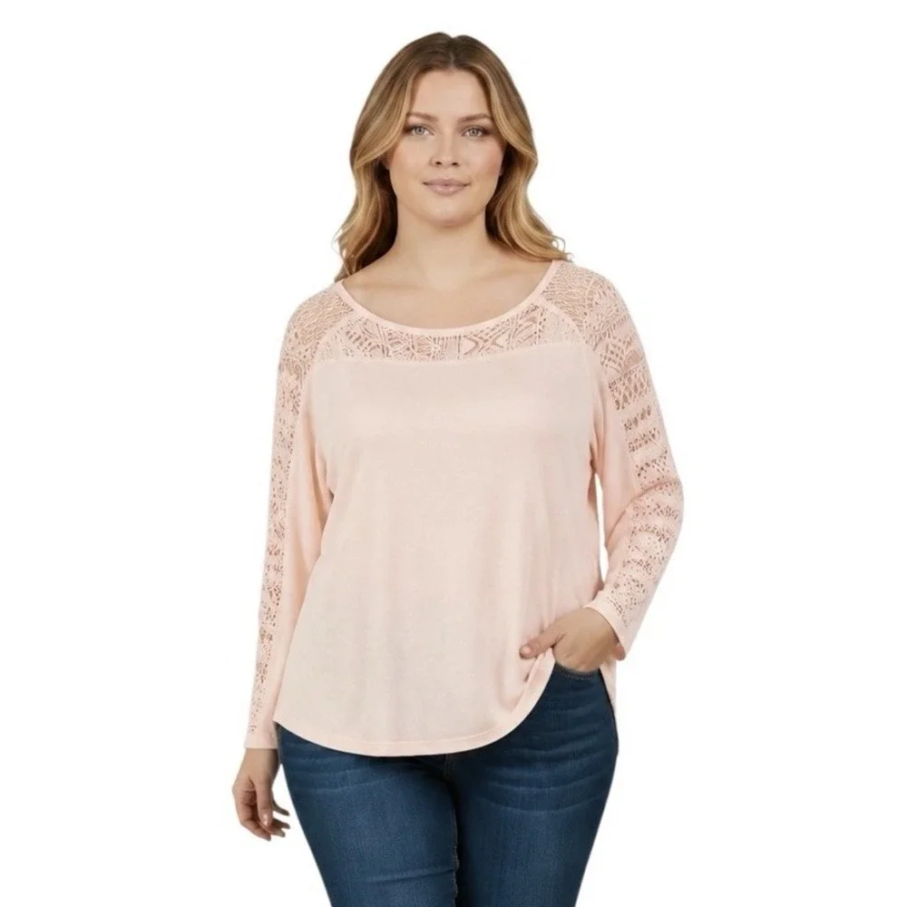 Chicos Size 3 US XL Knit Top 100% Cotton Crochet Lace Trim Pink Shirt Beachy